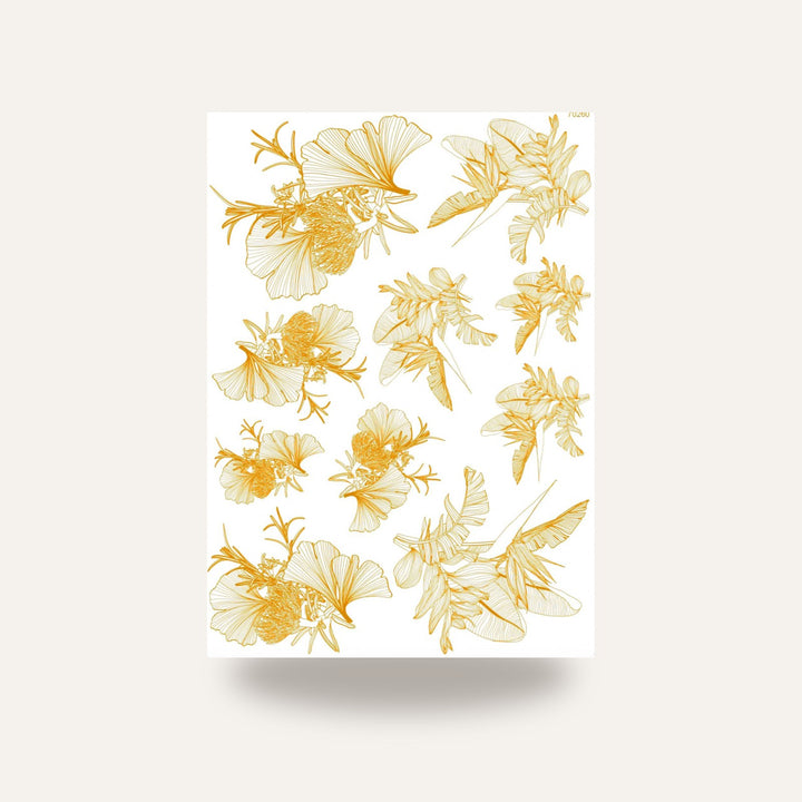 70260 DECALQUE CERÂMICA GOLD Ginkgo/Strelitzia — amostra cozida